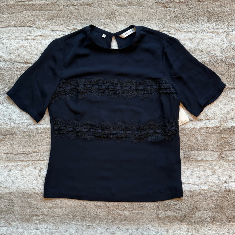 NWT REBECCA TAYLOR Lace Stripe Silk Top In Dark Navy Size XS - Picture 4 of 16